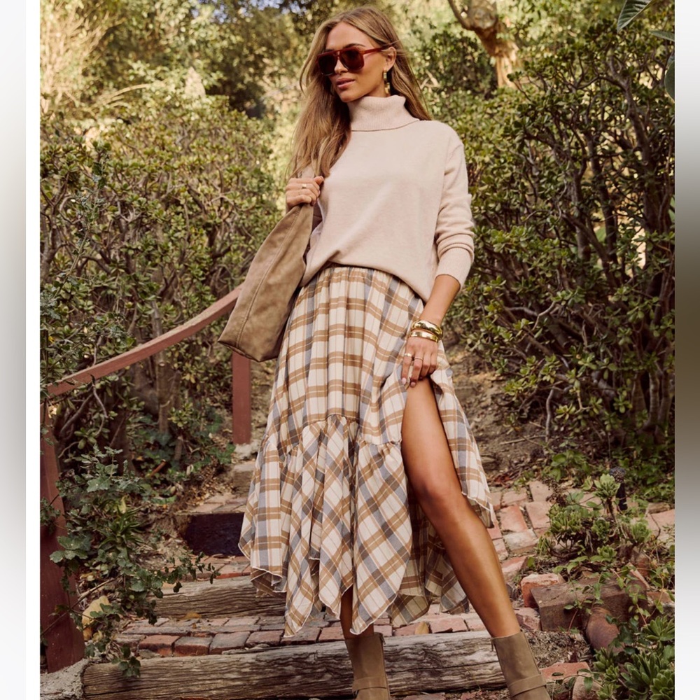 Vici October Oaks Plaid Asymmetric Midi Skirt